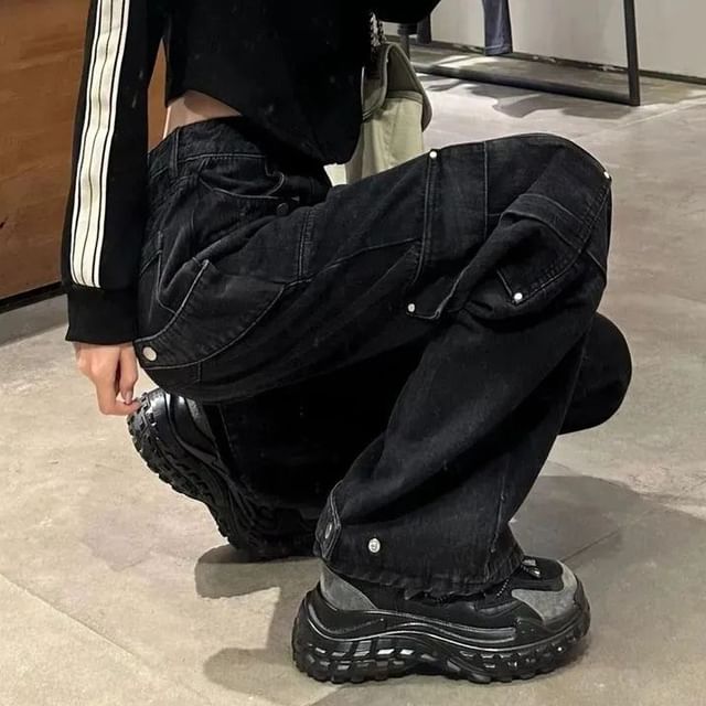 monroll-Mid Rise Loose Fit Cargo Jeans