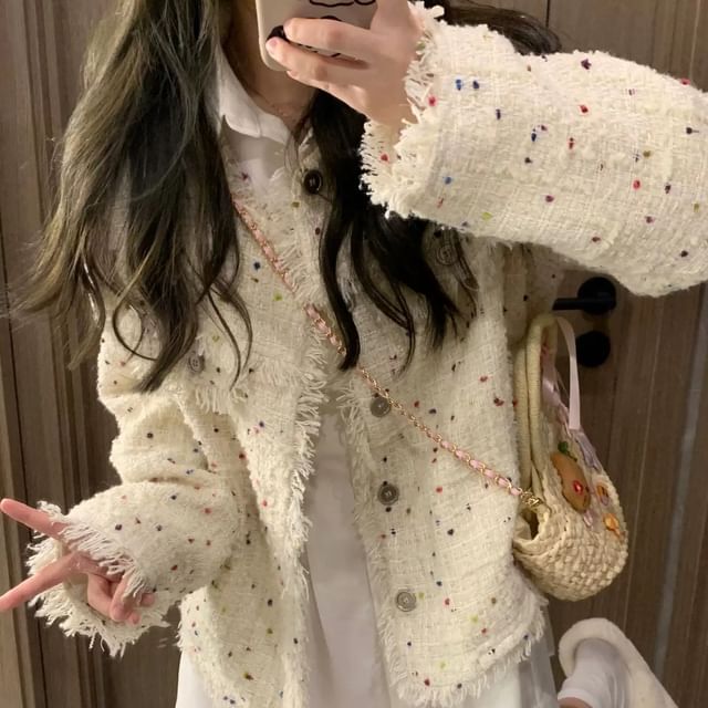 Metonymph-Long Sleeve Melange Tweed Tassel Jacket