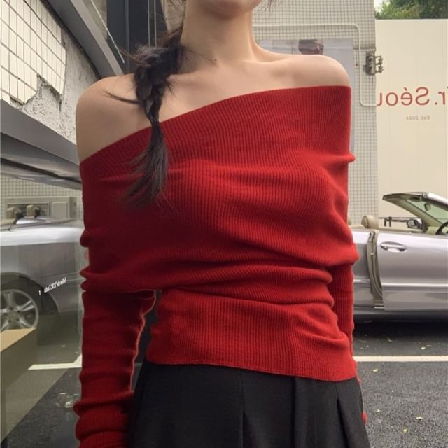 Beem-Long Sleeve Off Shoulder Plain Ribbed Knit Top