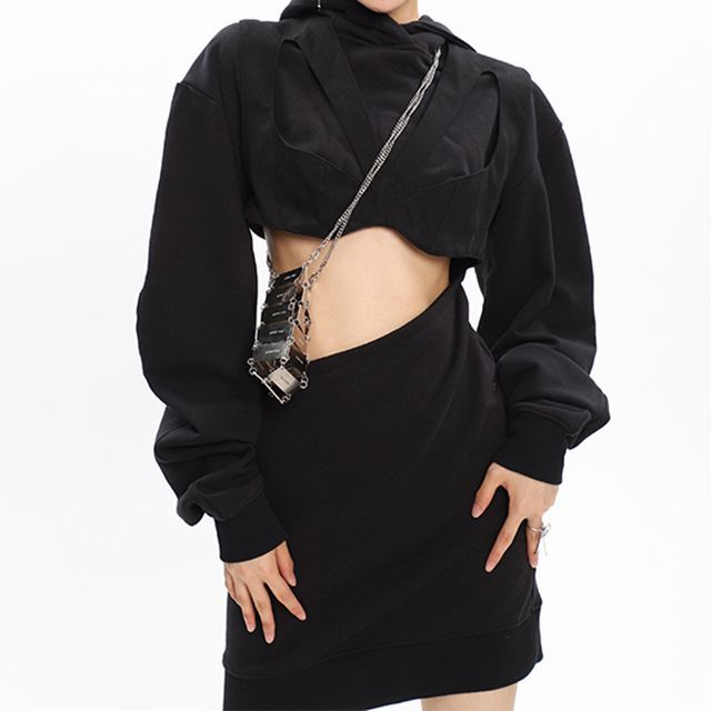 SPUCIKLEI - Plain Cutout Mini Bodycon Hoodie Dress