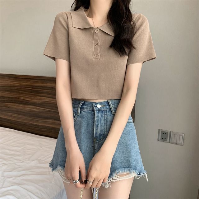 Faiar-Short-Sleeve Plain Knit Crop Polo Top