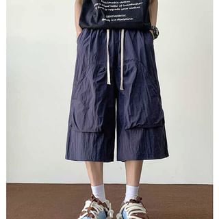 Real Boy-Drawstring Waist Plain Capri Wide Leg Cargo Pants