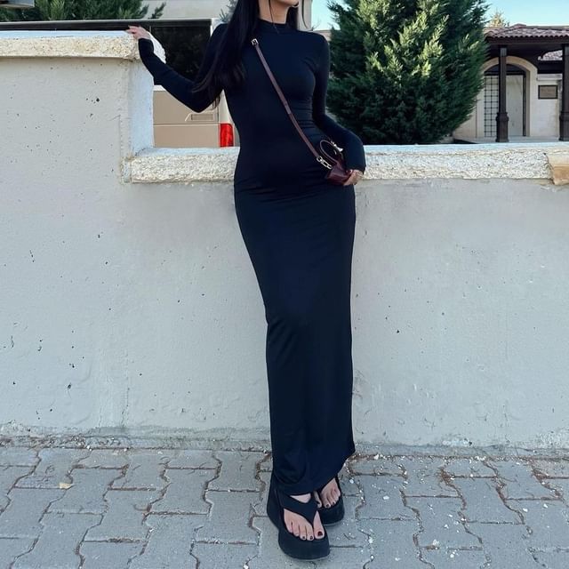 Cruxedo - Long Sleeve Turtleneck Plain Bodycon Maxi Dress | YesStyle