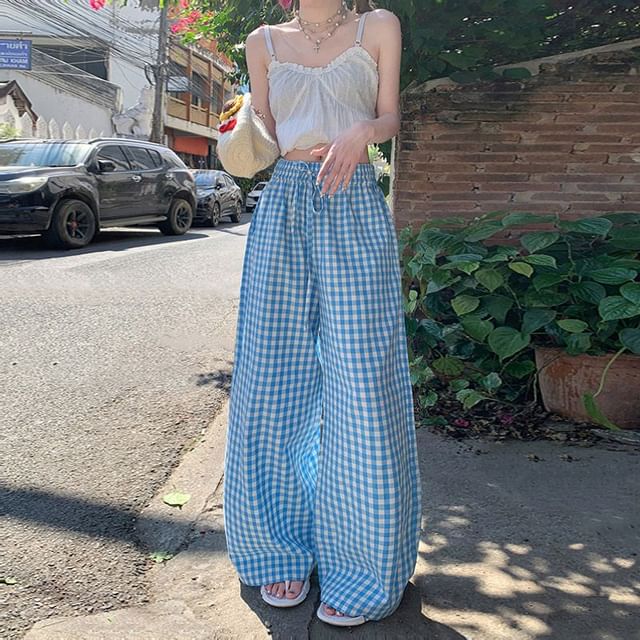 Denimot-Drawstring Waist Gingham Baggy Pants Various Designs