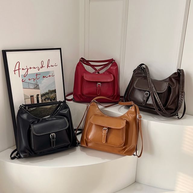 Mulgam-Plain Buckled Faux Leather Backpack