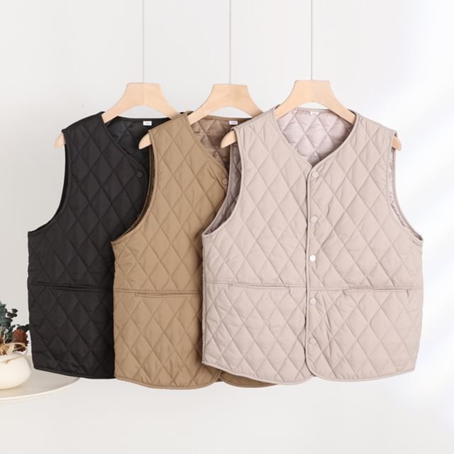 KUMI-V-Neck Plain Quilted Button-Up Vest