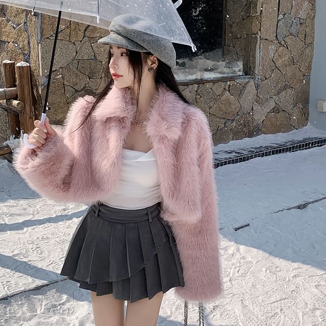 Sienne-Collar Plain Faux Fur Cropped Jacket