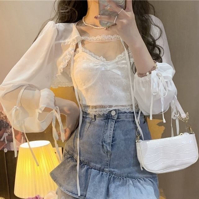 Moon City-Kurzes Camisole-Top mit Spitzeneinsatz Bolero mit Bindeträger Set