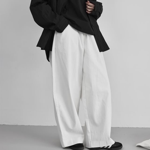 SIMPLE BLACK-Elastic Waist Plain Baggy Pants