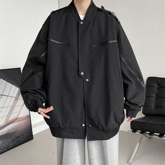 Ninine-Plain Asymmetrical Zipped Button-Up Bomber Jacket