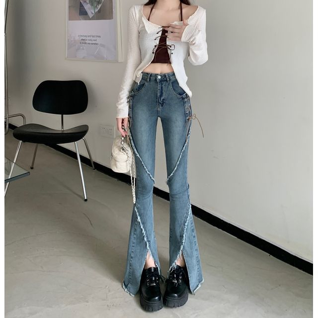 Sienne-High Waist Washed Slit Panel Flared Jeans