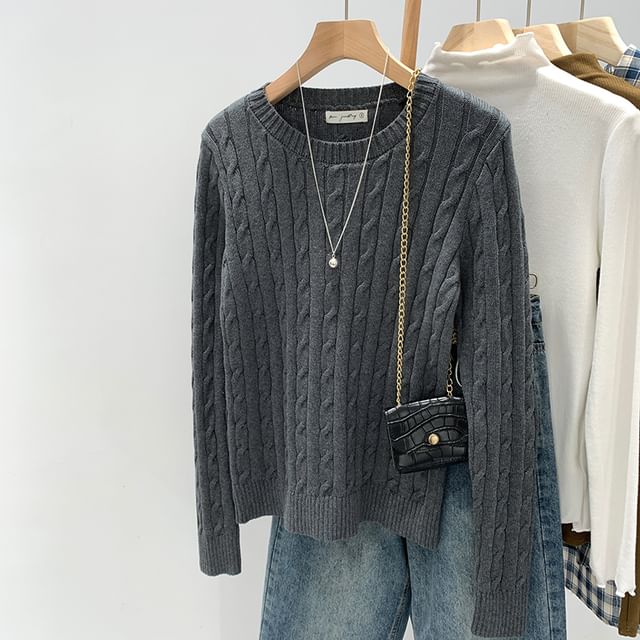 Dragan Pulse-Long-Sleeve Crewneck Cable Knit Plain Top