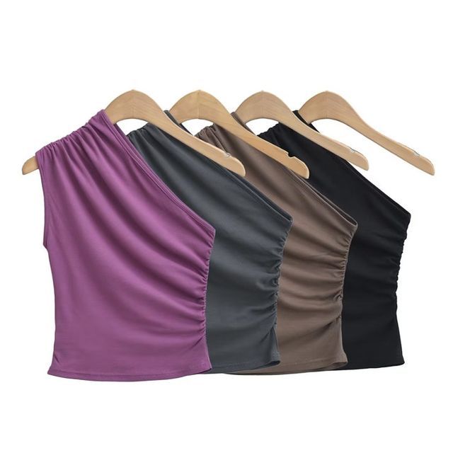 Hollahop-Cap-Sleeve One Shoulder Plain Crop Top