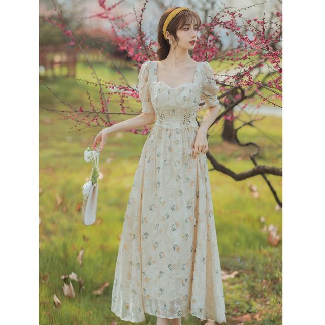 cottagecore dress yesstyle Yolandus - Puff Sleeve Square Neck Floral Print Ruched Midi A-Line Dress