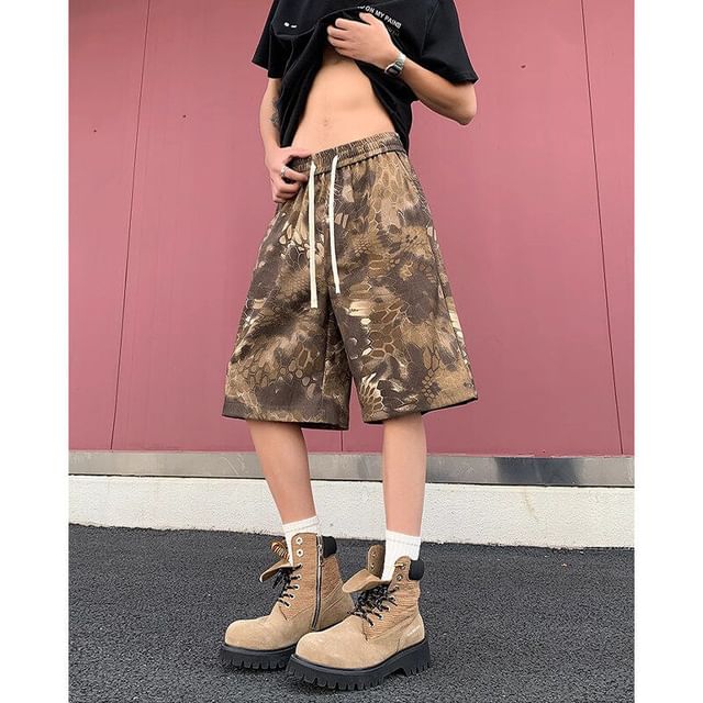 Ateso-Drawstring Waist Camo Print Washed Wide Leg Jorts