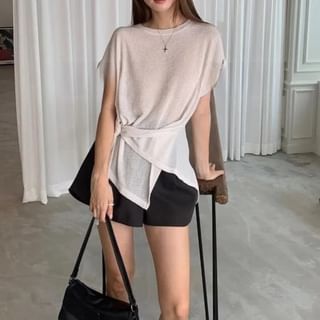 Seoulchic Short-Sleeve Plain Asymmetrical Hem Tie-Waist Top Sale