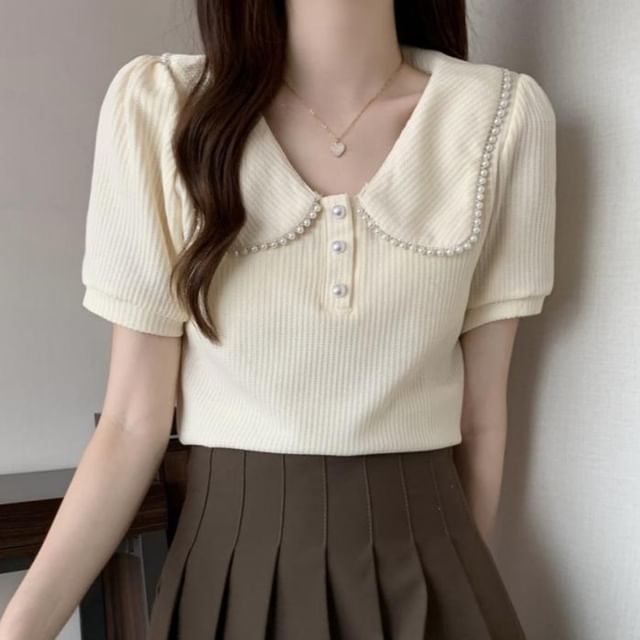 Sisyphi-Short Sleeve Peter Pan Collar Pearl Button Up Ribbed Top