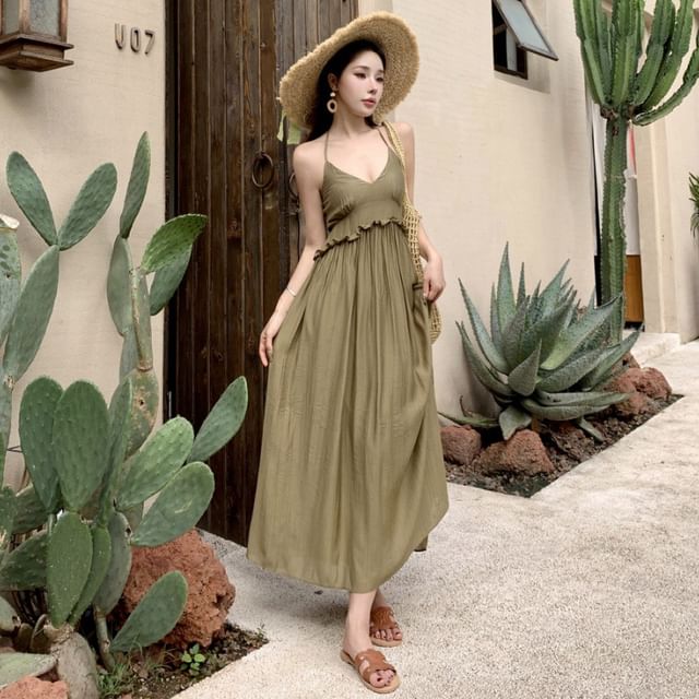 Moanum-Halter Plain Ruffle Maxi A-Line Dress