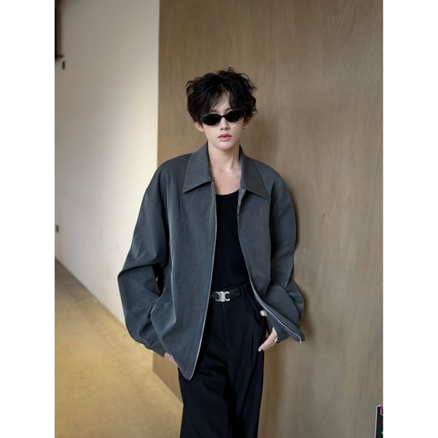 Orungeetun-Drop-Shoulder Plain Zip Jacket
