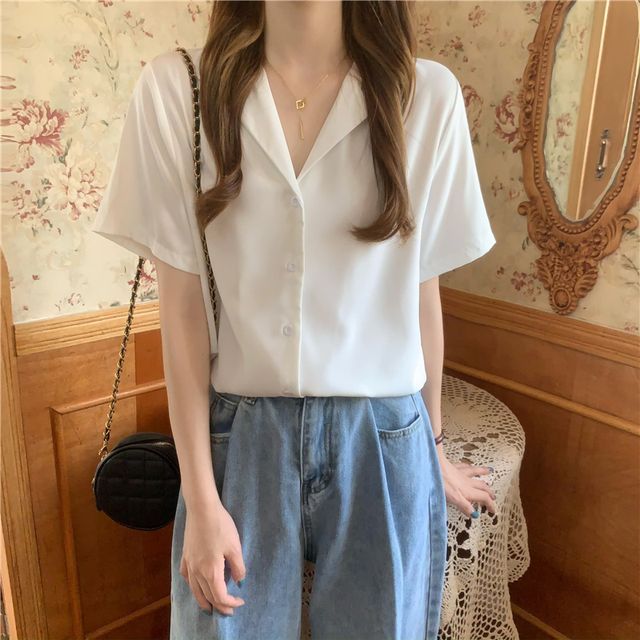 Everose-Short-Sleeve Notch Lapel Plain Shirt