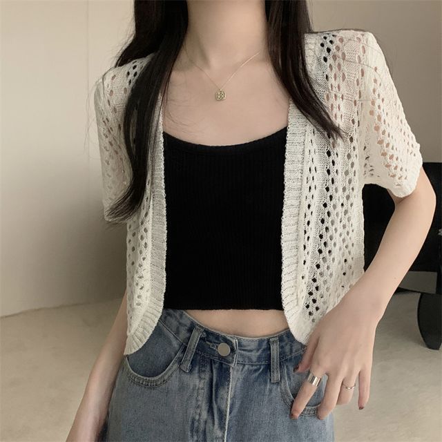 ANORA Short-Sleeve Plain Crop Open Front Pointelle Knit Cardigan