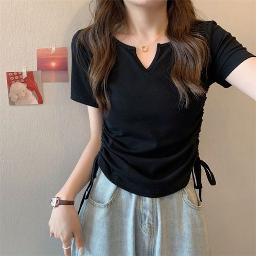 Short Sleeve Plain Notch Neck Top