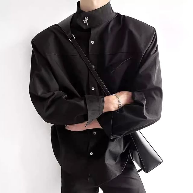 Urtishia-Long-Sleeve Stand Collar Plain Shirt