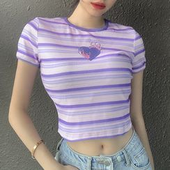 Puffie - Short-Sleeve Heart Embroidered Striped Cropped T-Shirt