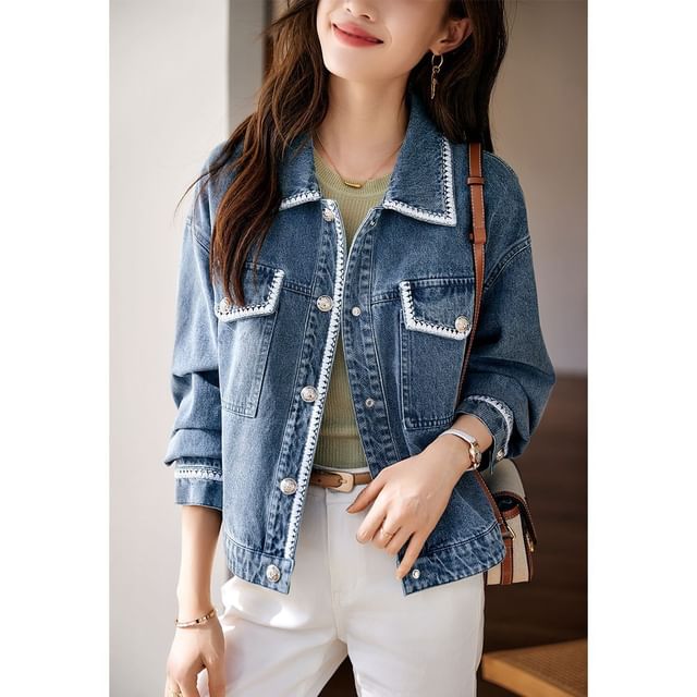 INEN-Contrast Stitching Pocket Front Denim Single-Breasted Jacket