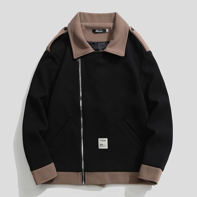 purplelouve-Collared Two Tone Zip Jacket