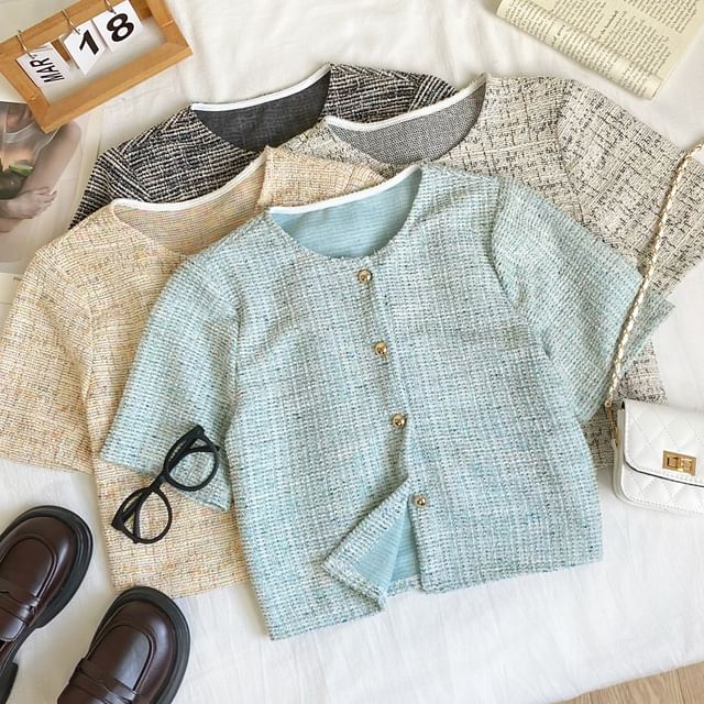Iasia-Short-Sleeve Crew Neck Plaid Blouse