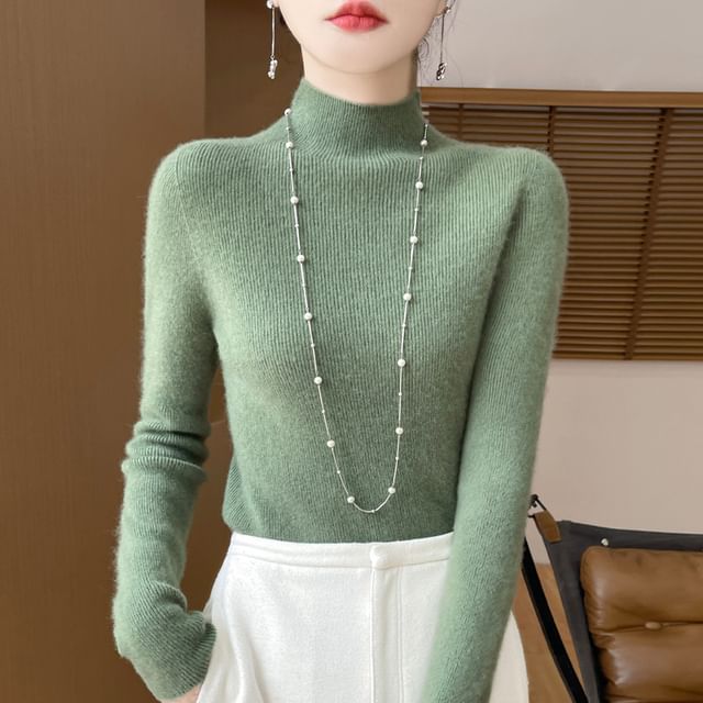 Weelop-Mock Neck Plain Ribbed Knit Sweater