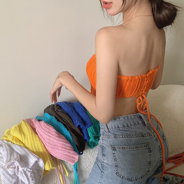 MIKIGA-Plain Knitted Lace-Up Bandeau Top