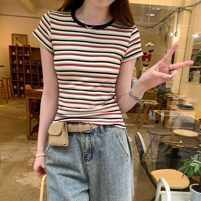 Asiris-Short-Sleeve Round Neck Striped T-Shirt