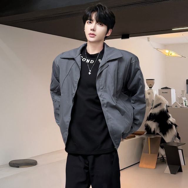 Orungeetun-Collared Zip-Up Plain Jacket