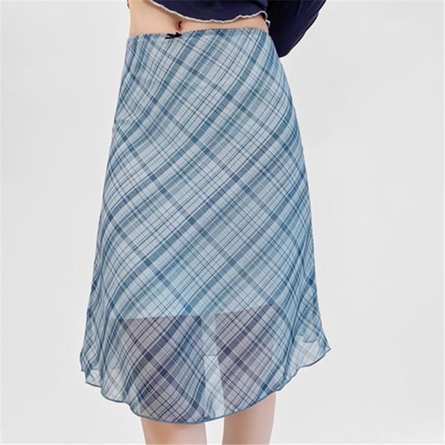 Asiris-High Rise Plaid Midi A-Line Skirt