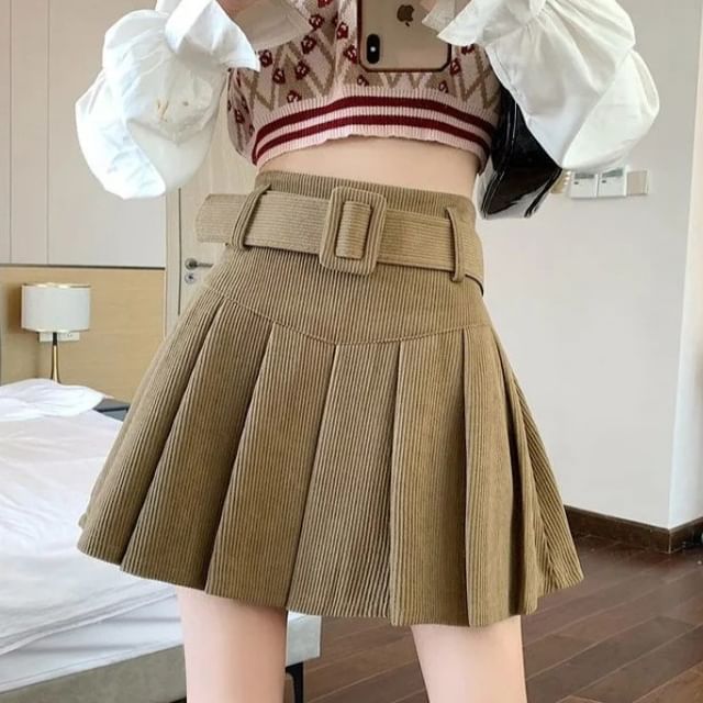 Essere-High Rise Plain Pleated Mini A-Line Skirt