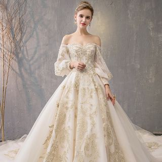 MSSBridal - Off-Shoulder Ball Gown Wedding Dress / Long Train Wedding ...