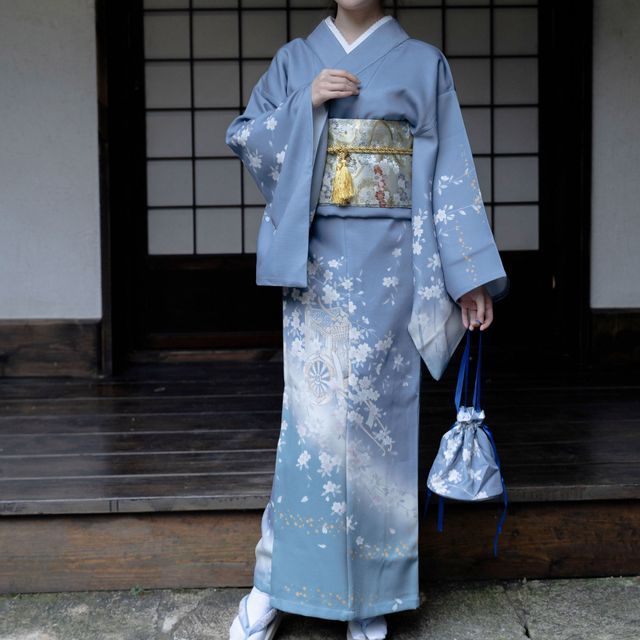 Akane - Set: Floral Print Kimono Dress Costume + Bucket Bag | YesStyle