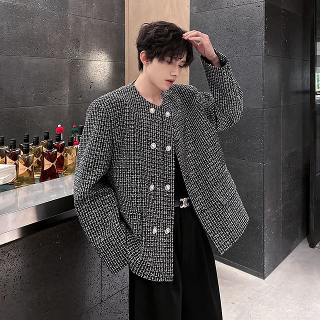 Freehop - Crew Neck Double-Breasted Tweed Jacket | YesStyle