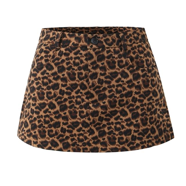 Ulark-High Rise Leopard Print Mini A-Line Skirt