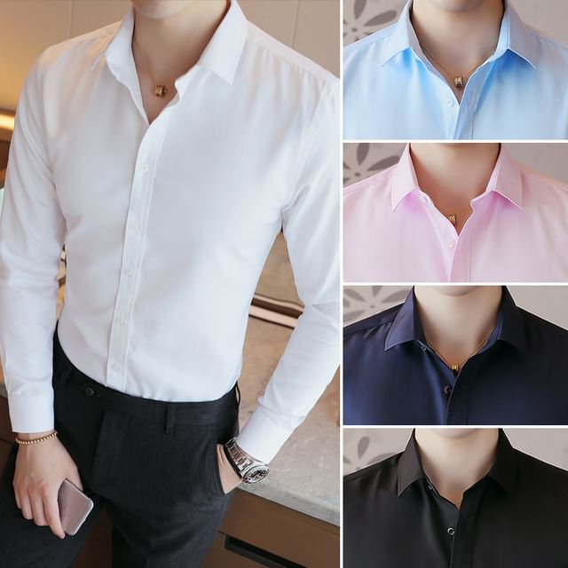 YIKES-Long Sleeve Collared Plain Shirt