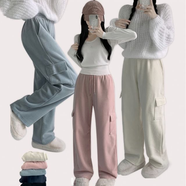 Jesong-High Waist Plain Wide Leg Cargo Pants