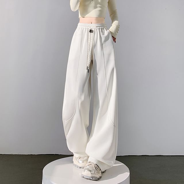 Omibayo-Drawstring Waist Plain Baggy Sweatpants