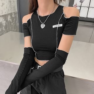  Solid Crop Tube Top with Arm Sleeves (Color : Black