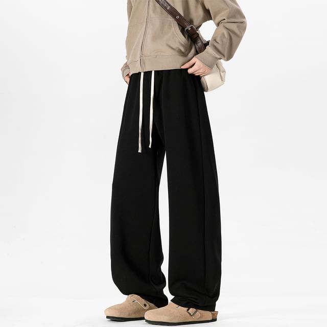 Koiyua-Drawstring Waist Plain Wide Leg Sweatpants