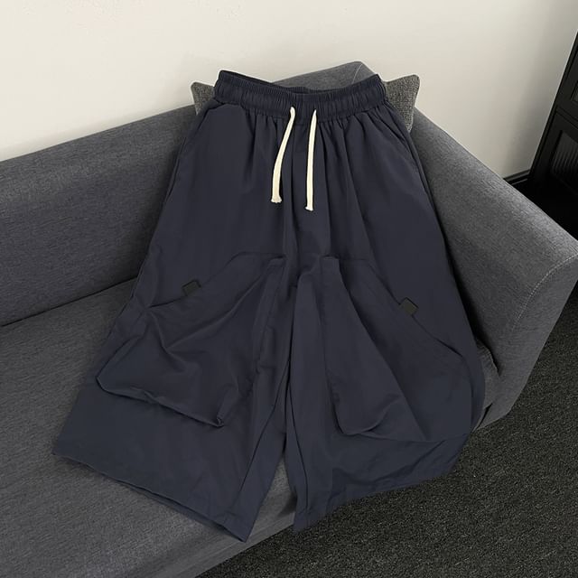 Mimiyox-Drawstring Waist Plain Wide Leg Capri Pants