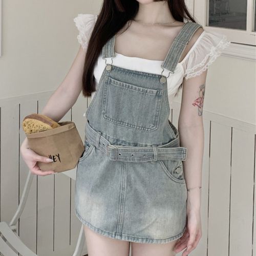 Cap-Sleeve Square-Neck Plain Top / Denim Dungaree Dress