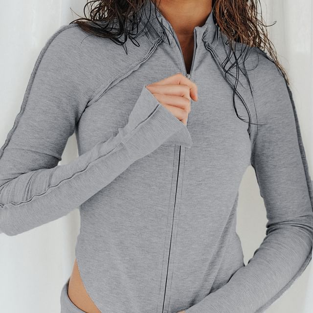 Honet-Long Sleeve Plain Paneled Zip-Up Jacket