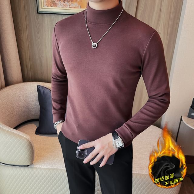 Lefitt-Long-Sleeve Mock Neck Plain T-Shirt
